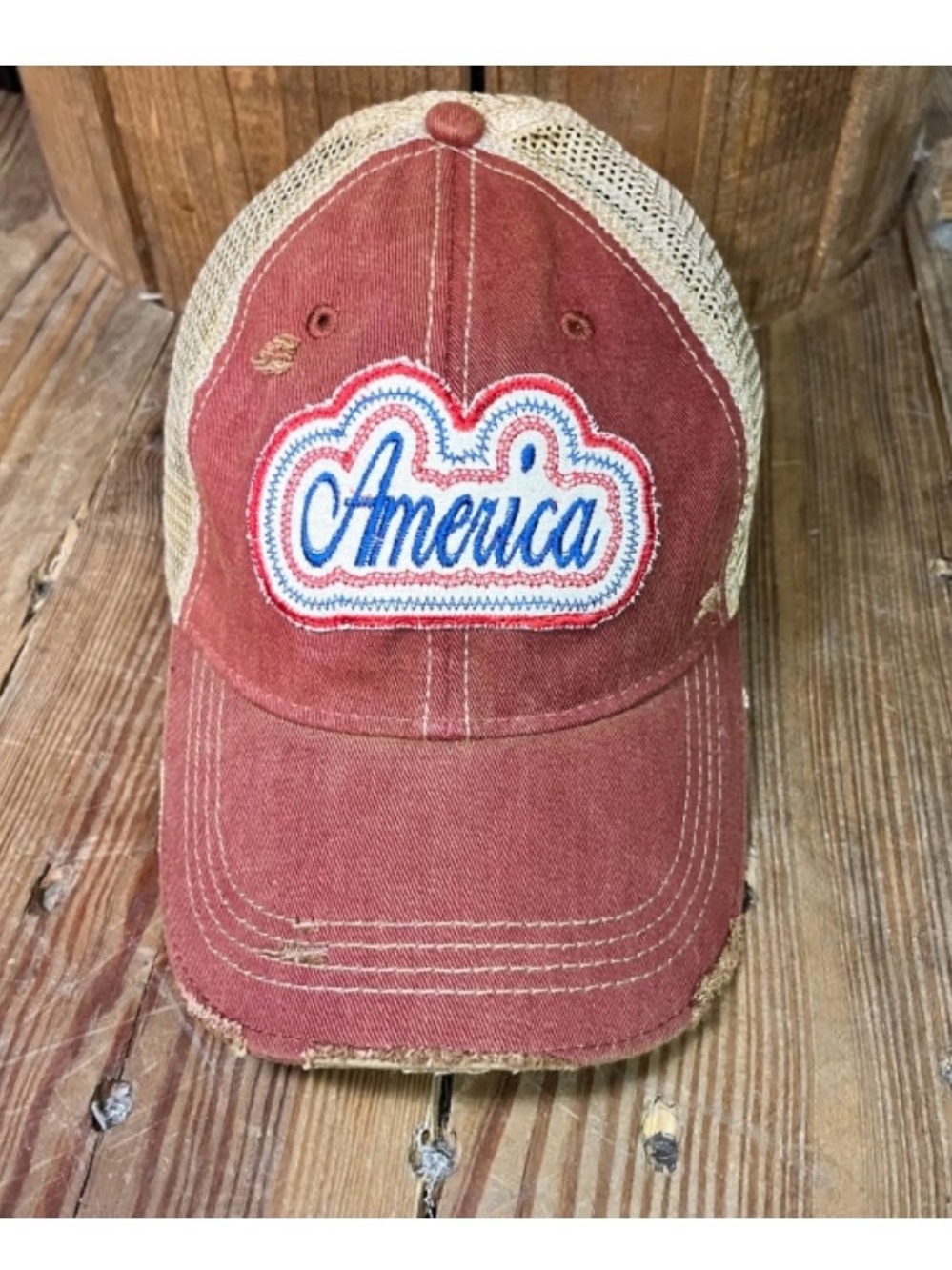 Distressed Rust Red 'America' Patch Mesh-Back Baseball Cap